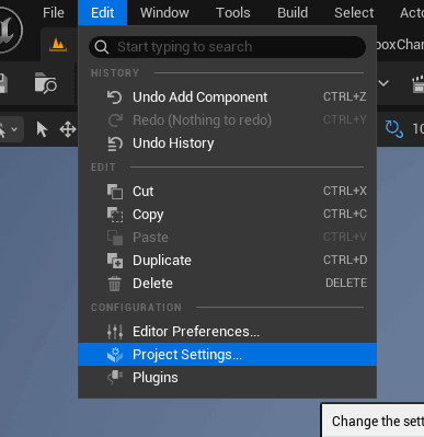 Project Settings menu