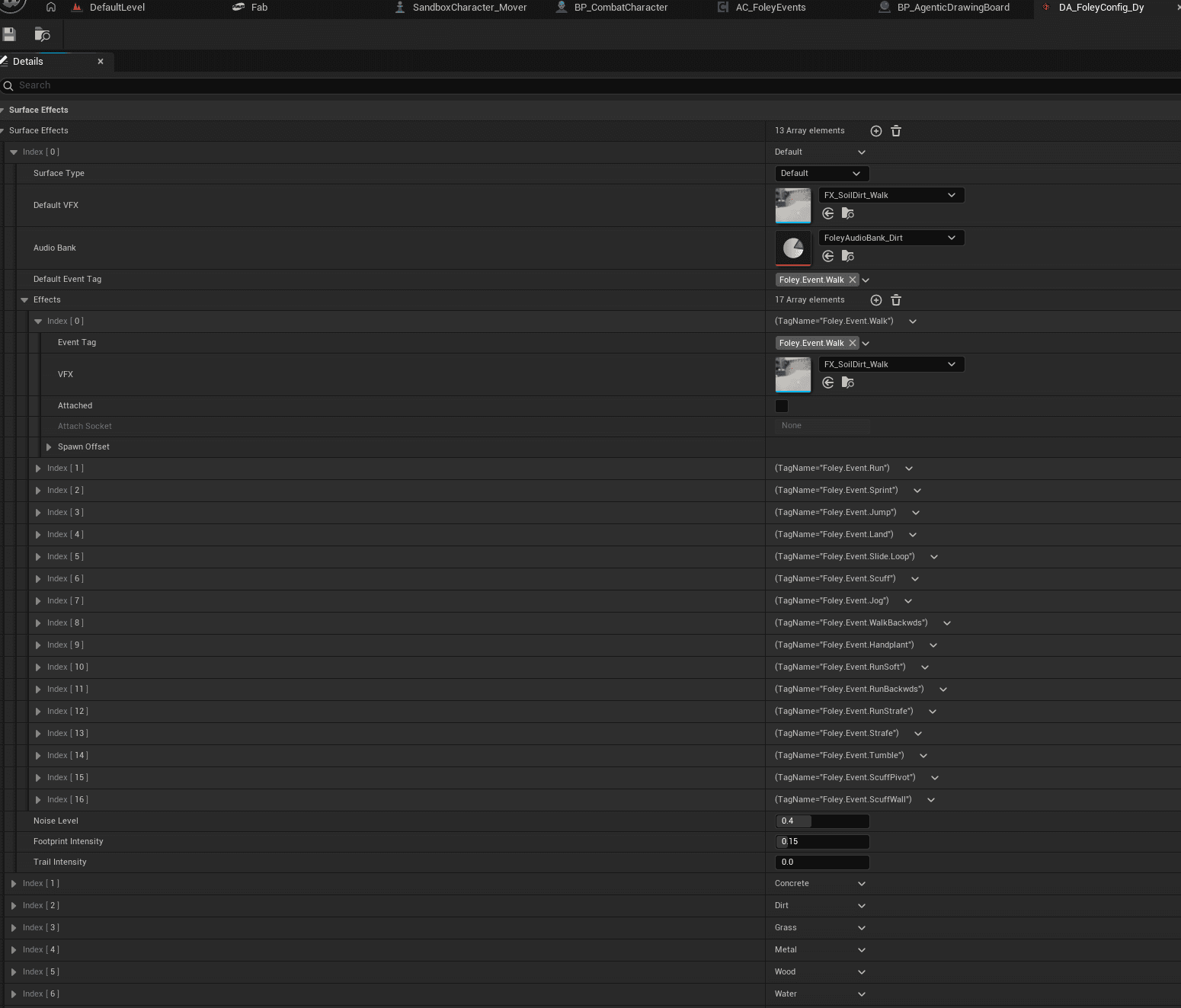 DA_FoleyConfig_Dy internals — SurfaceEffects array with all 13 surfaces