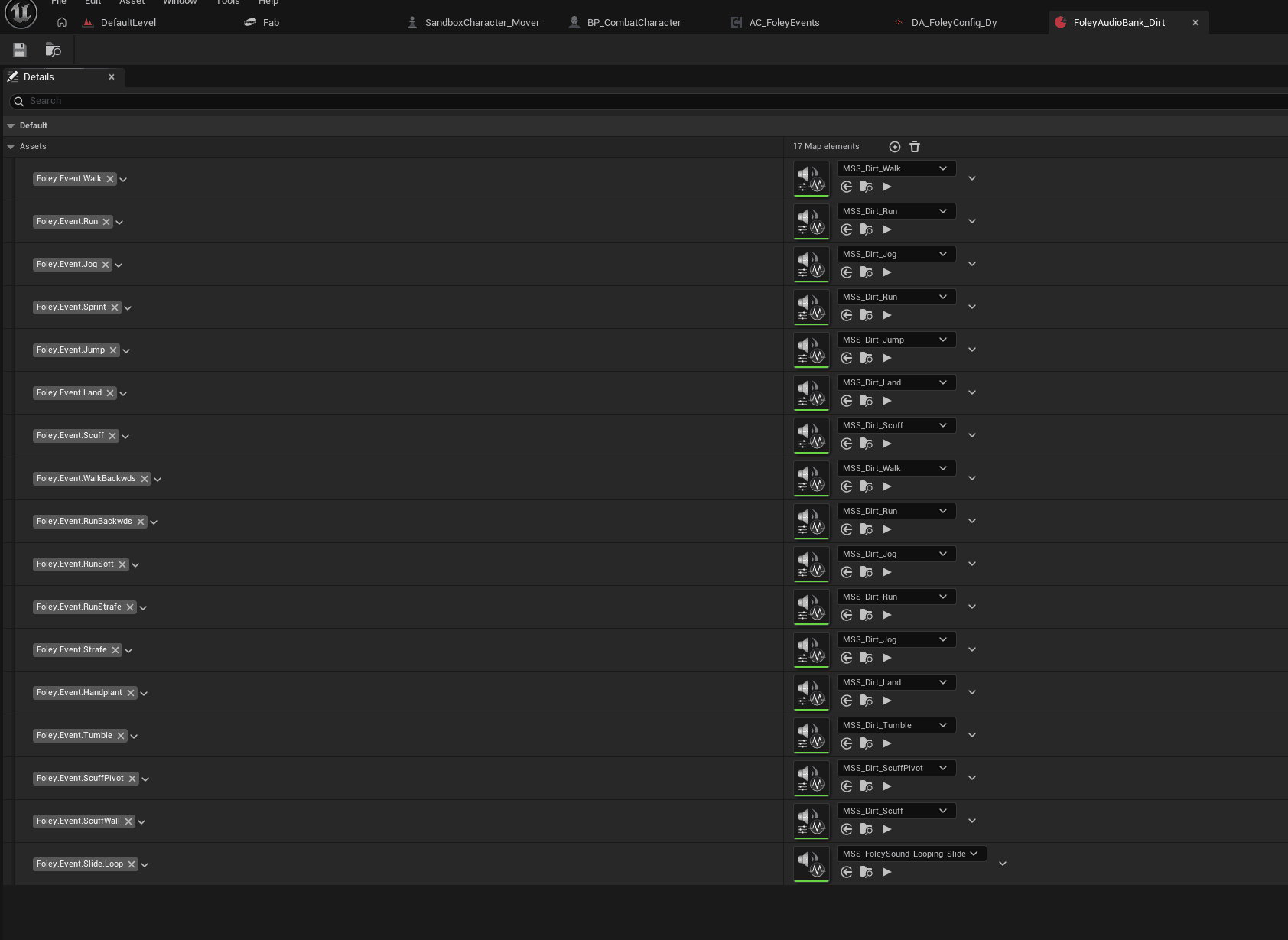 FoleyAudioBank_Dirt internals — Assets map with per-event MetaSound presets