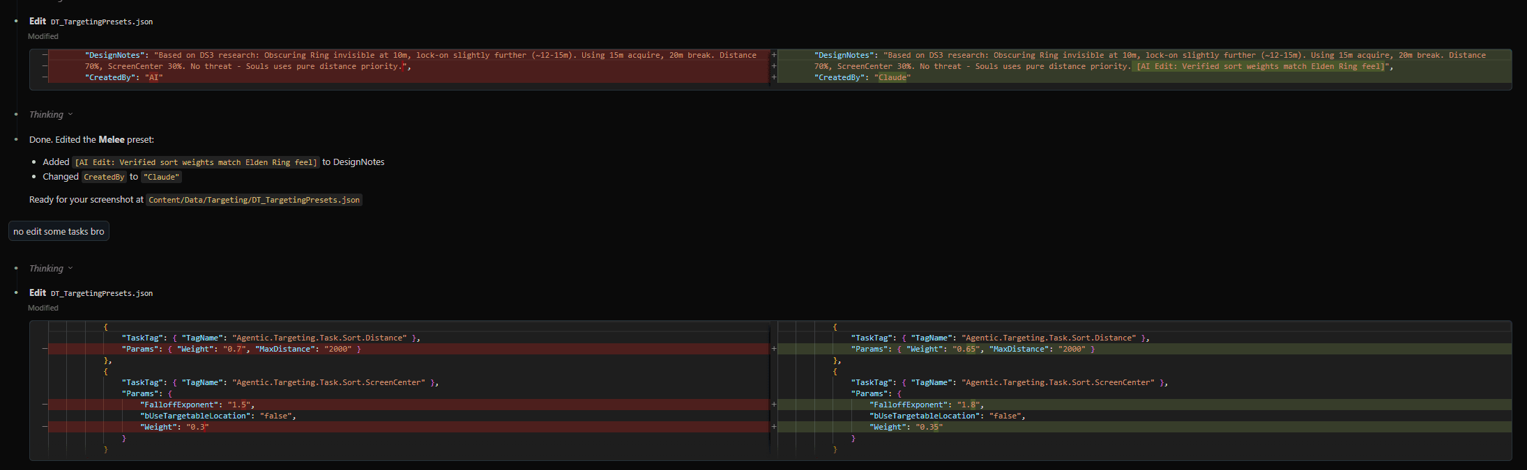 AI editing JSON - task params diff