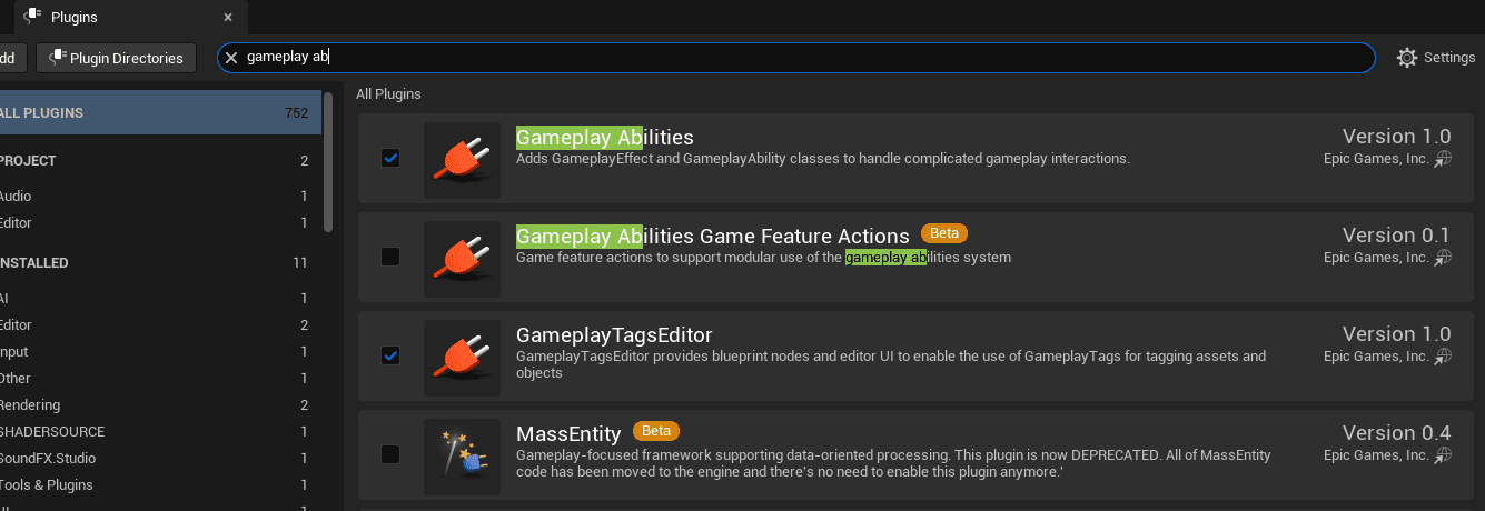 GameplayAbilities plugin enabled