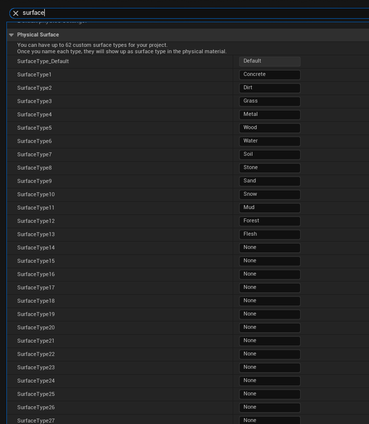 Physical surfaces registered in Project Settings