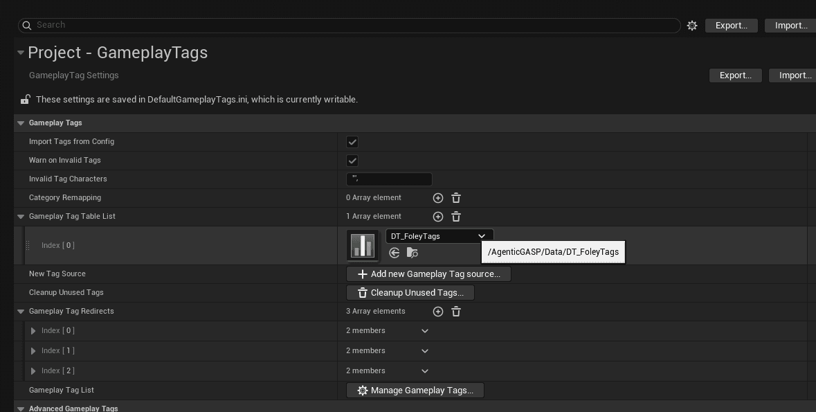 GameplayTag table list with DT_FoleyTags registered