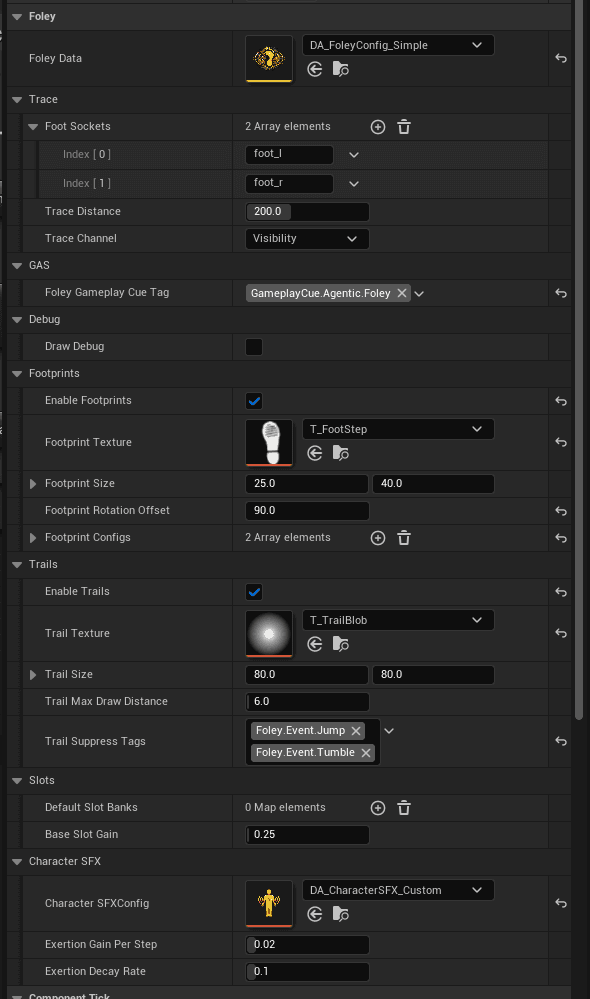 Foley component details panel on a third-person character