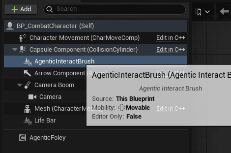 AgenticInteractBrush component added as a pawn sibling