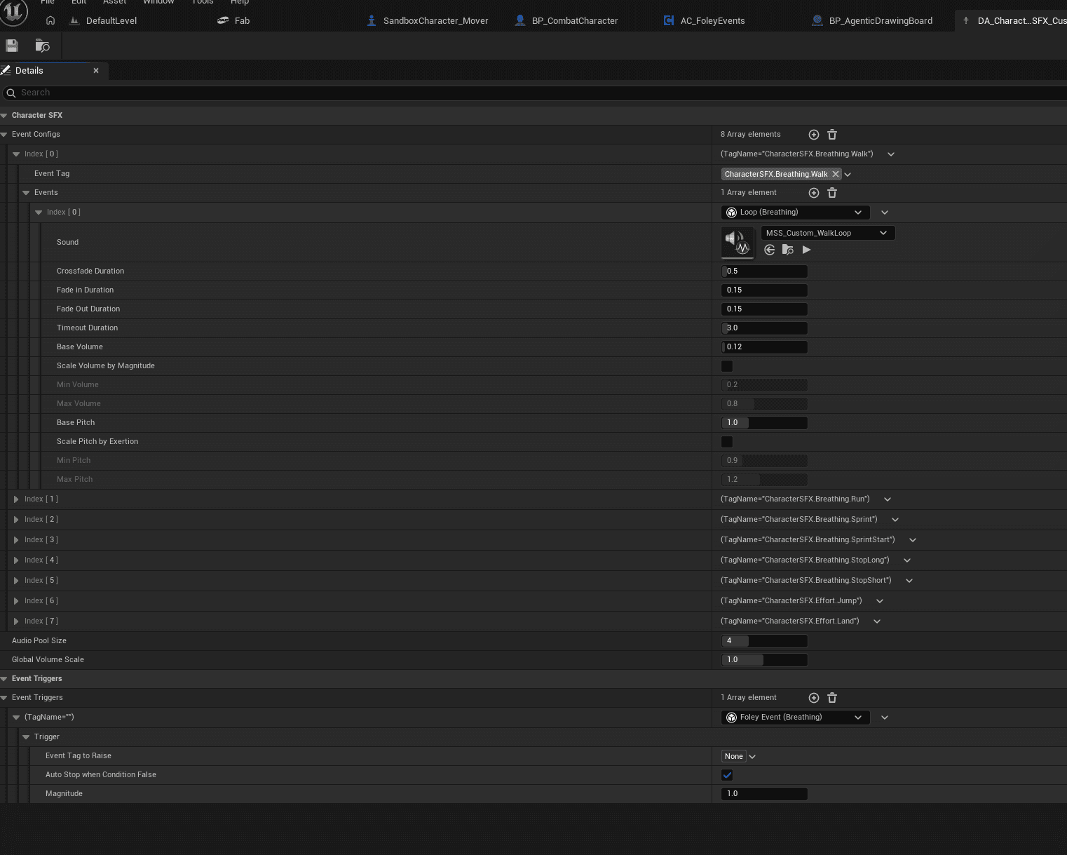 DA_CharacterSFX_Custom internals — EventConfigs (Breathing Walk/Run/Sprint, Effort Jump/Land, Heartbeat) and EventTriggers (Foley Event, Attribute Threshold)
