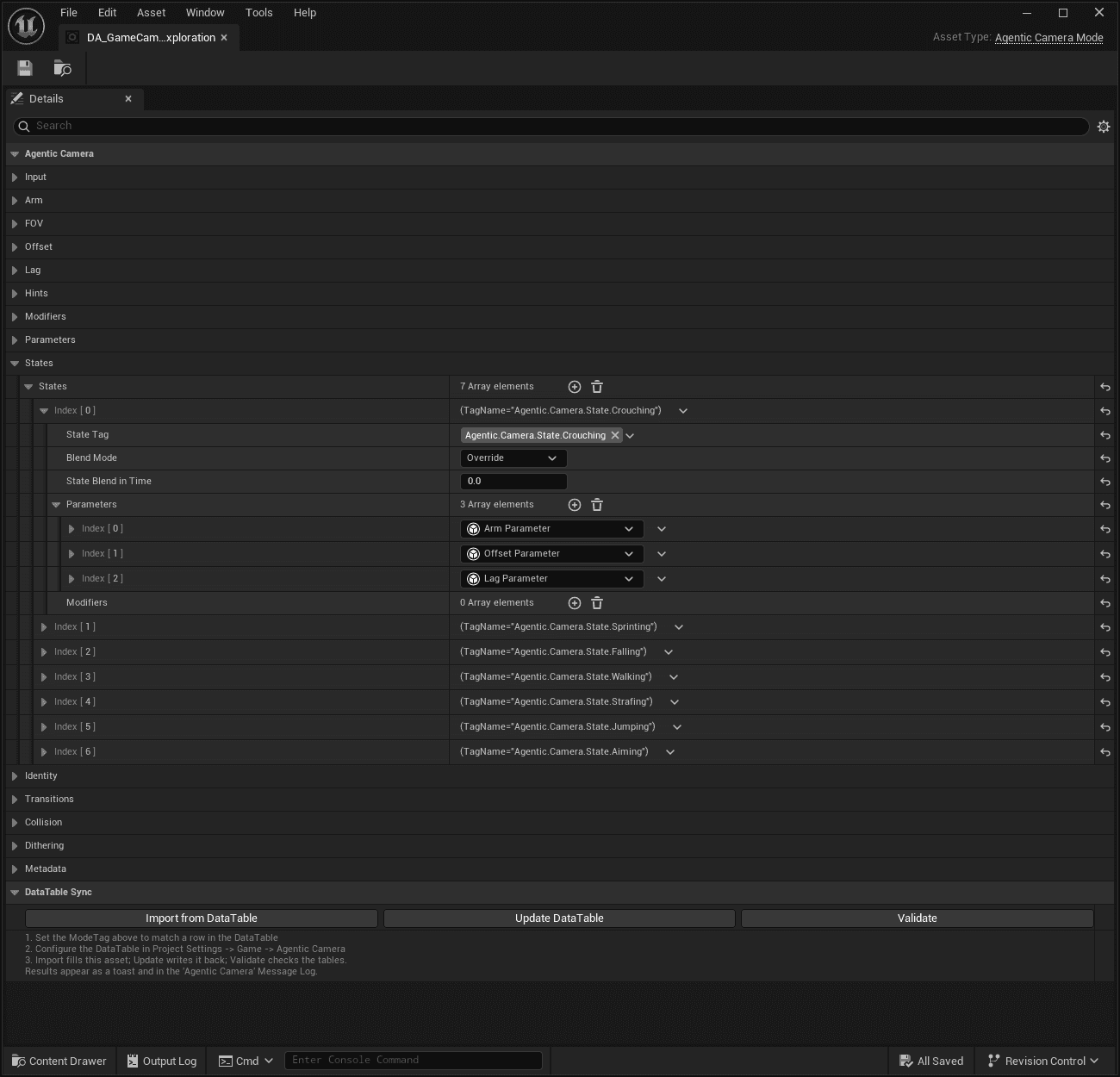 The Exploration camera mode Data Asset open in Unreal, with the States array expanded and the DataTable Sync buttons at the bottom