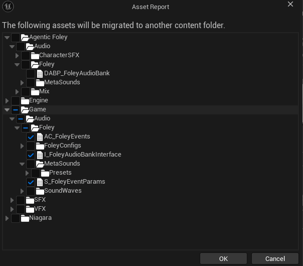 Asset Report dialog during the AC_FoleyEvents migrate. Tree shows "Agentic Foley" (plugin root, unchecked), "Game/Audio/Foley" with AC_FoleyEvents, FoleyConfigs, I_FoleyAudioBankInterface, MetaSounds/Presets, S_FoleyEventParams, SoundWaves all checked. Engine, Niagara, SFX, VFX roots unchecked.