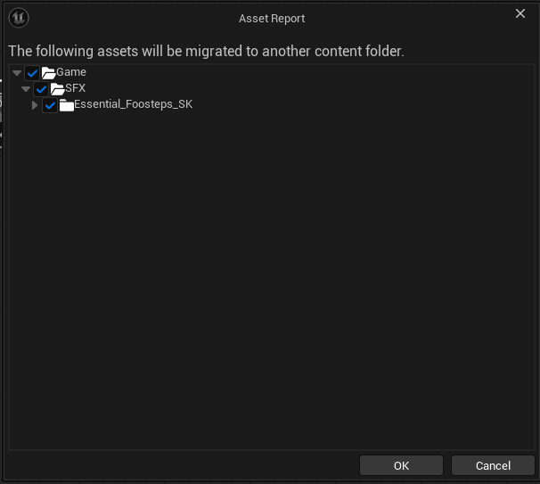 Asset Migrate dialog for an SFX wav pack — Game/SFX/(pack-name) branch checked, Engine and plugin roots unchecked.