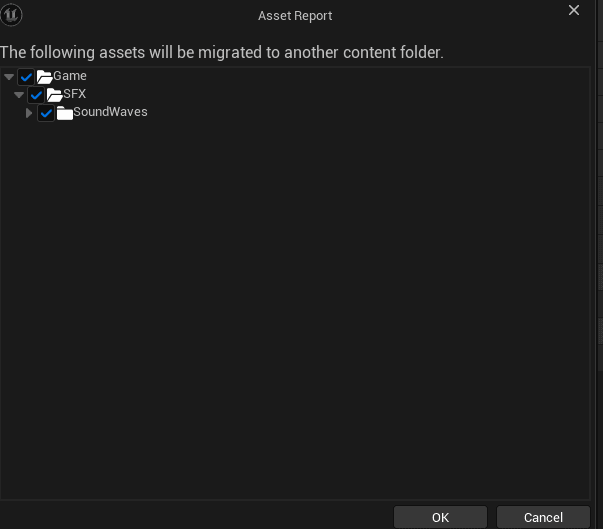 Asset Migrate dialog for the GASP SoundWaves pack — Game/SFX/SoundWaves branch checked.