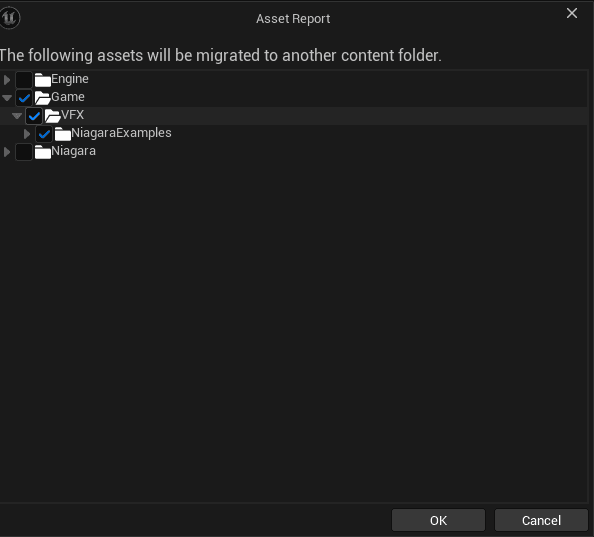 Asset Migrate dialog for Niagara Examples. Tree shows Engine (unchecked), Game/VFX/NiagaraExamples (checked), Niagara plugin root (unchecked). Only the VFX/NiagaraExamples branch is being migrated.