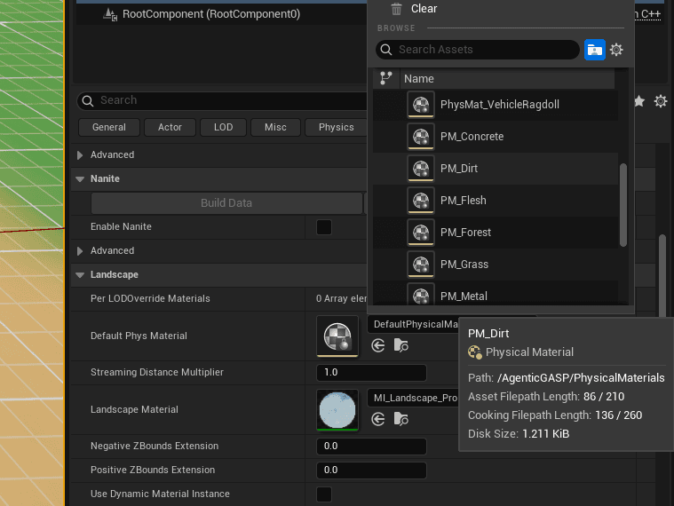 Landscape Details panel with Default Phys Material picker open. Shows the plugin's PhysMaterial pack (PhysMat_VehicleRagdoll, PM_Concrete, PM_Dirt, PM_Flesh, PM_Forest, PM_Grass, PM_Metal) with PM_Dirt highlighted. Path shown at bottom: /AgenticGASP/PhysicalMaterials.
